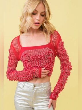 NWT Blue b Boutique brand Red Beaded Mesh Long-Sleeve Crop Top